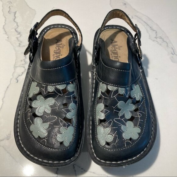 ALEGRIA Sz 36 PG Lite Slide Clog Slingback Black Teal/Gray Floral Cutout Sandals - Picture 4 of 12